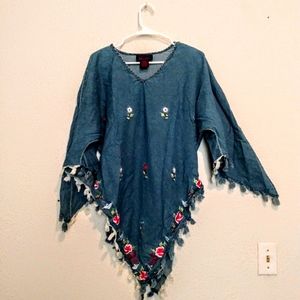 Denim & Co Blue Floral Embroidered Tassel Top sz M